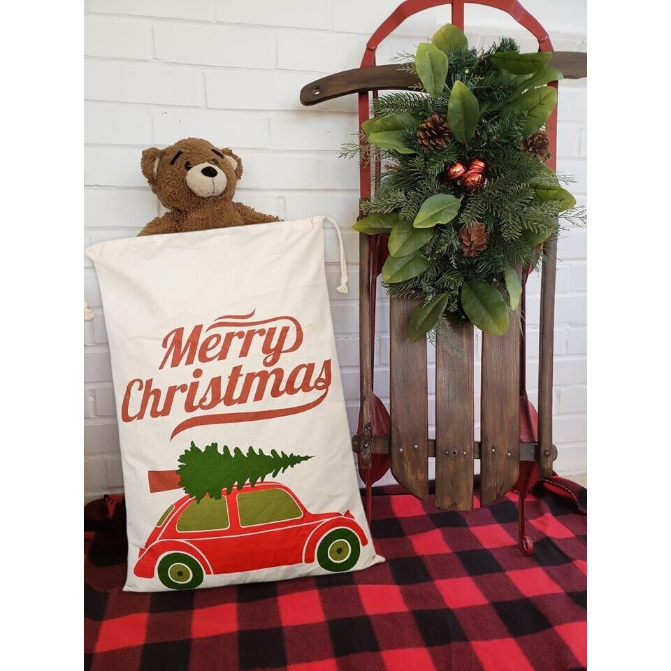 Car & Tree Design Christmas Bag Santa Claus Sack Cotton XMAS Childrens Gift Bags