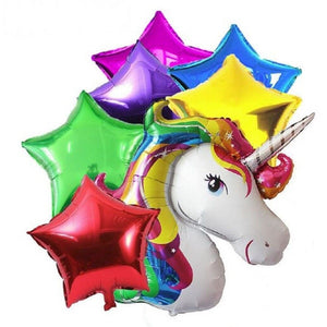 Unicorn Head Balloon and 6 Star Foil Balloons 7 Piece Set HUGE Birthday Party Decoration