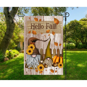 HELLO FALL Gnome Garden Flag Double Sided Fall Gnomes with Pumpkin Leaves NEW