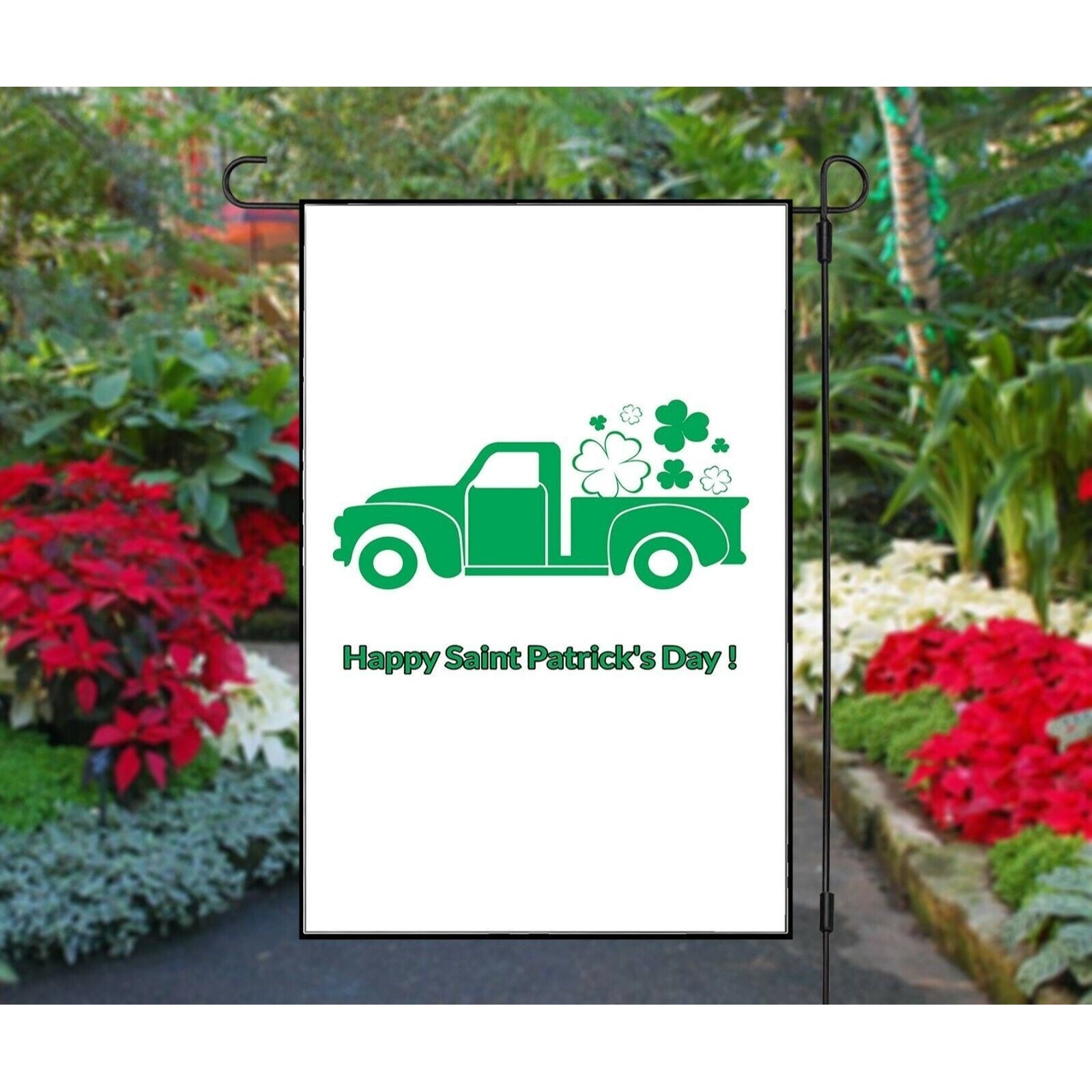 St Patrick's Day Garden Flag Green & White Truck & Shamrocks 12 x 18 Double Side