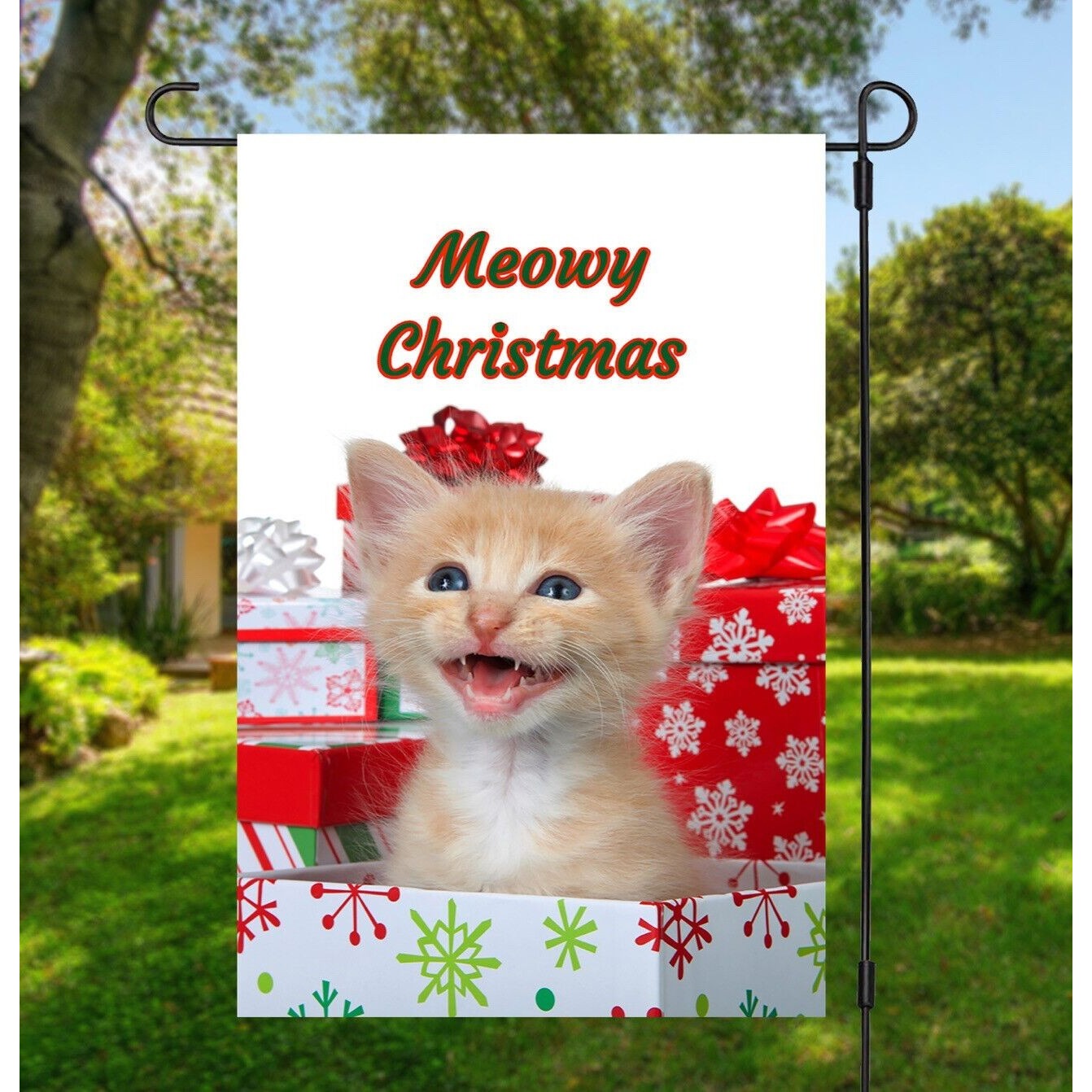 MEOWY CHRISTMAS Cat Garden Flag White Double Sided Yard Decor Adorable Gift New