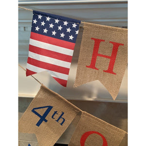 Patriotic Burlap Bunting Banner Happy 4th of July Garland with Flag Pennants Independence Day Red White Blue Star Garland Ready to Hang