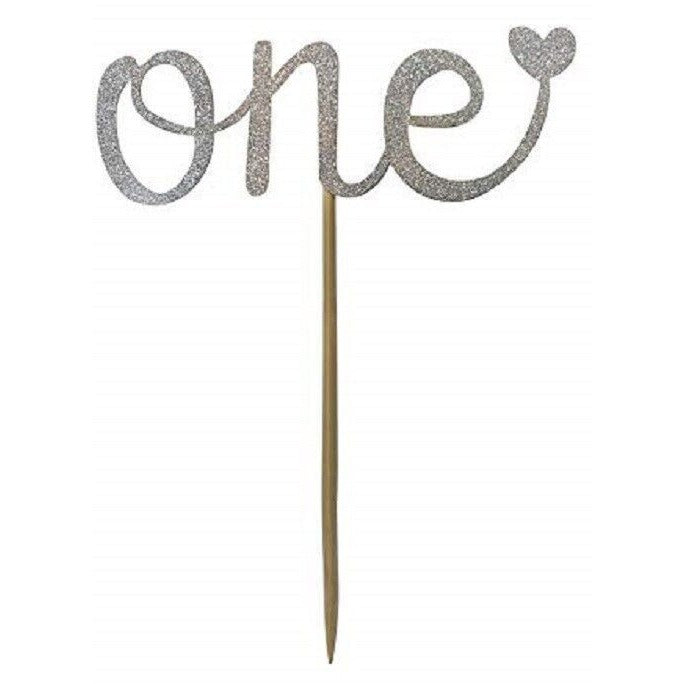 ONE First Birthday Cake Topper Pick SILVER Happy 1st Smash Party Decorations