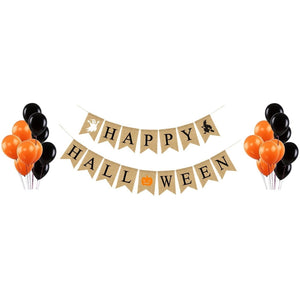 Happy Halloween Burlap Banner Garland  10 Orange & 10 Black Balloons Party Decor