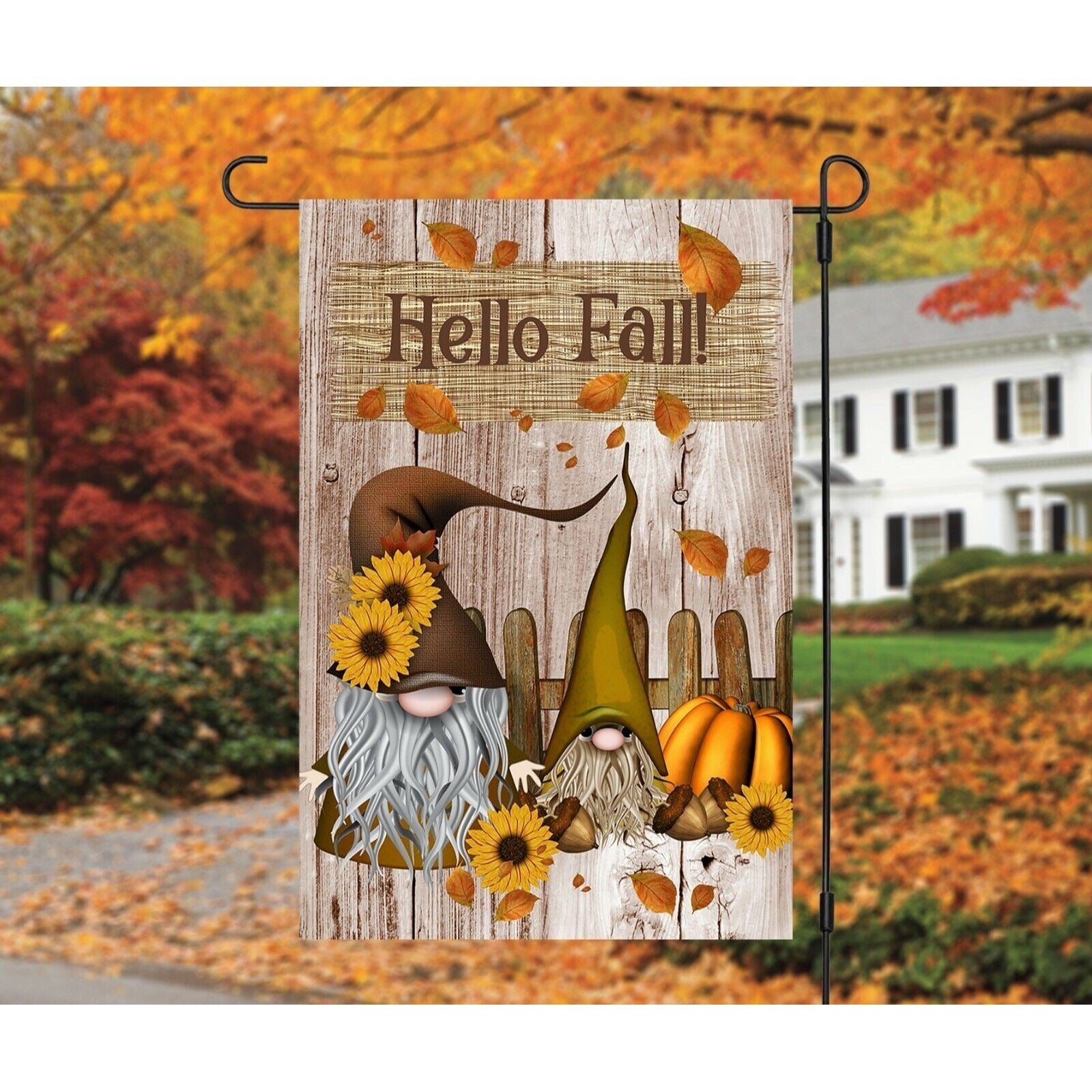 HELLO FALL Gnome Garden Flag Double Sided Fall Gnomes with Pumpkin Leaves NEW