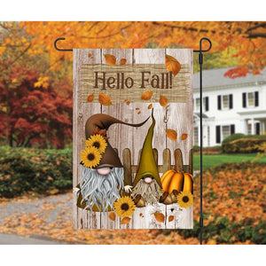 HELLO FALL Gnome Garden Flag Double Sided Fall Gnomes with Pumpkin Leaves NEW