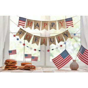 Patriotic Burlap Bunting Banner Happy 4th of July Garland with Flag Pennants Independence Day Red White Blue Star Garland Ready to Hang