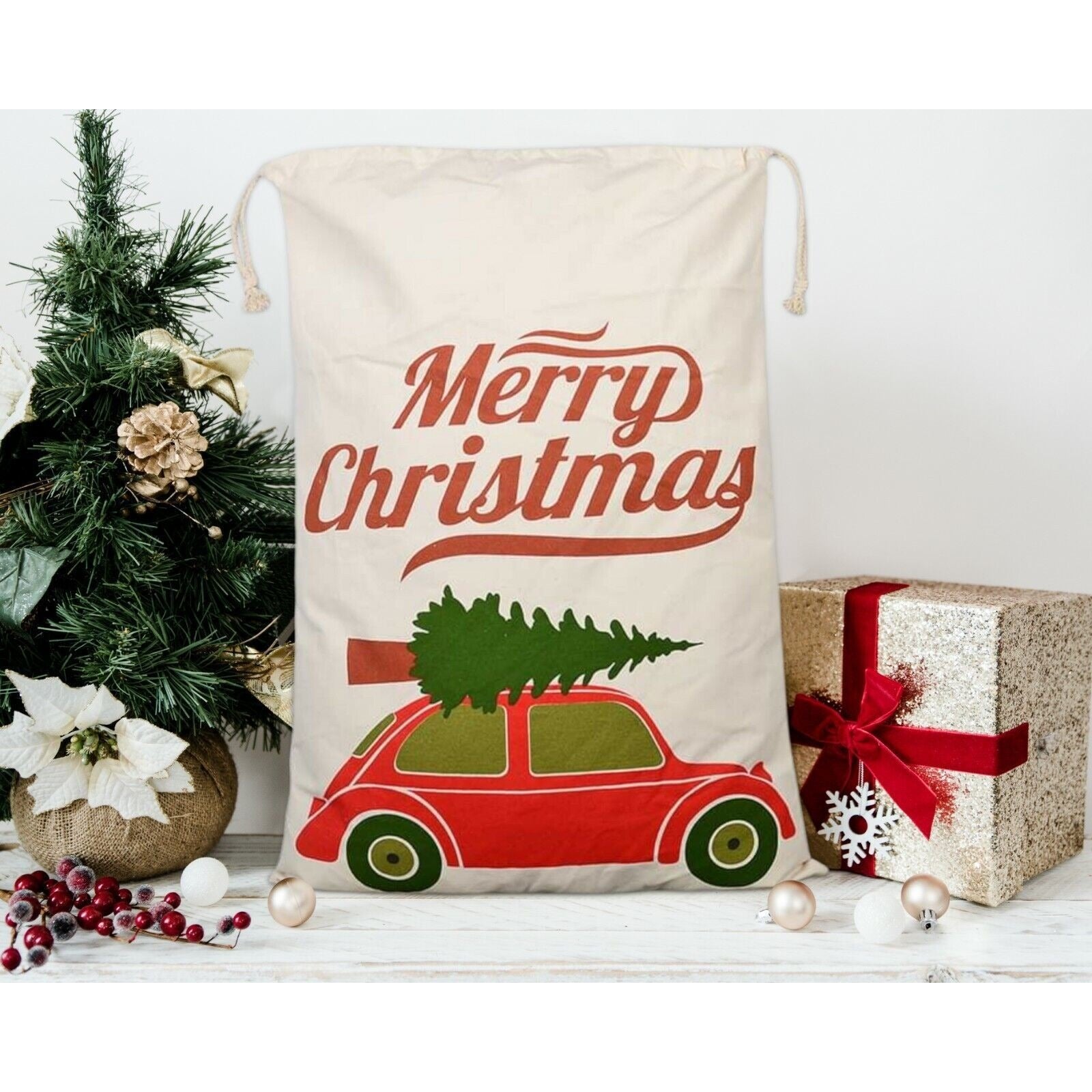 Car & Tree Design Christmas Bag Santa Claus Sack Cotton XMAS Childrens Gift Bags