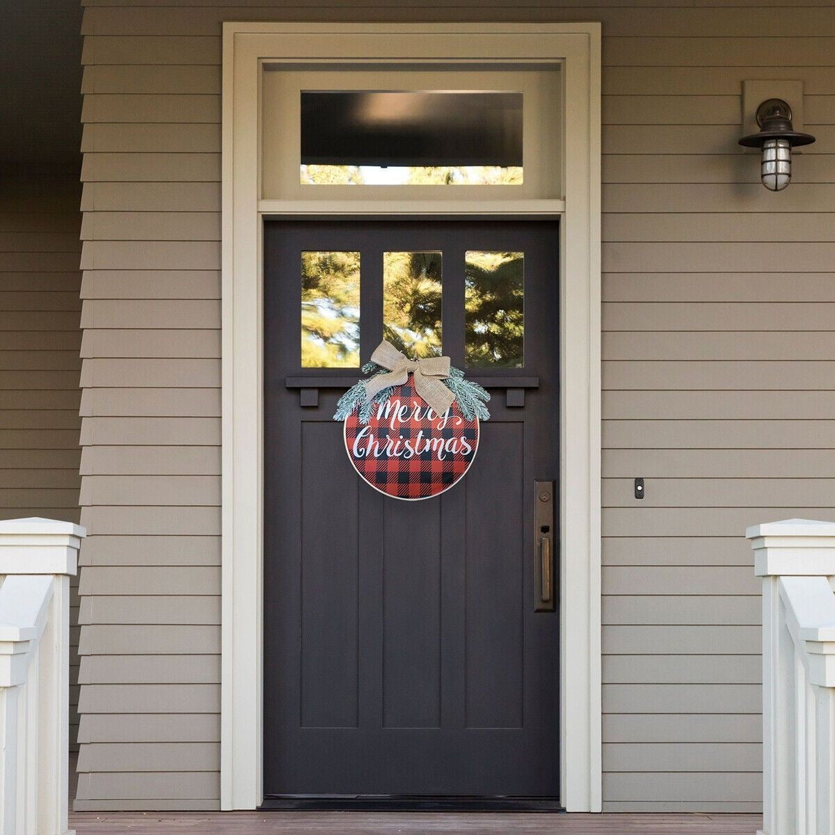 MERRY CHRISTMAS Sign for Front Door Hanger Buffalo Plaid Wreath Embroidery Hoop