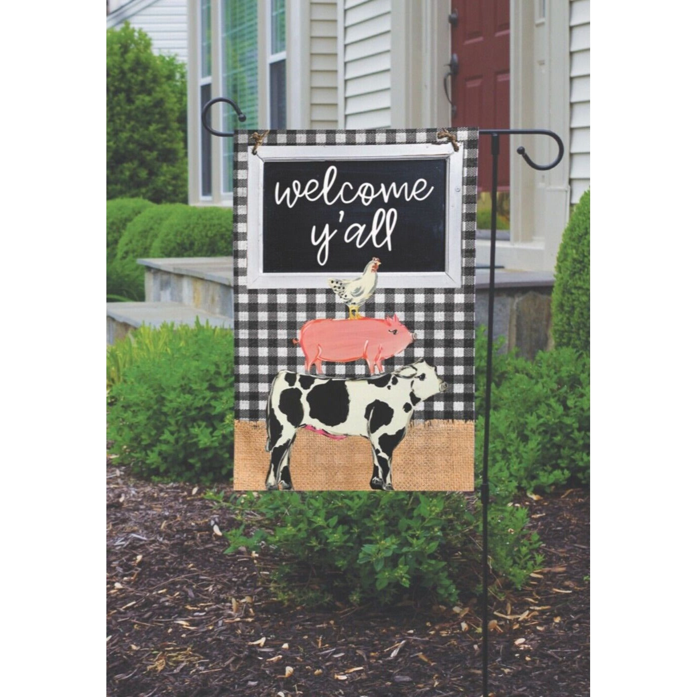 Country Farmhouse Garden Flag Animals Welcome Y’all Double Sided Chicken Pig Cow