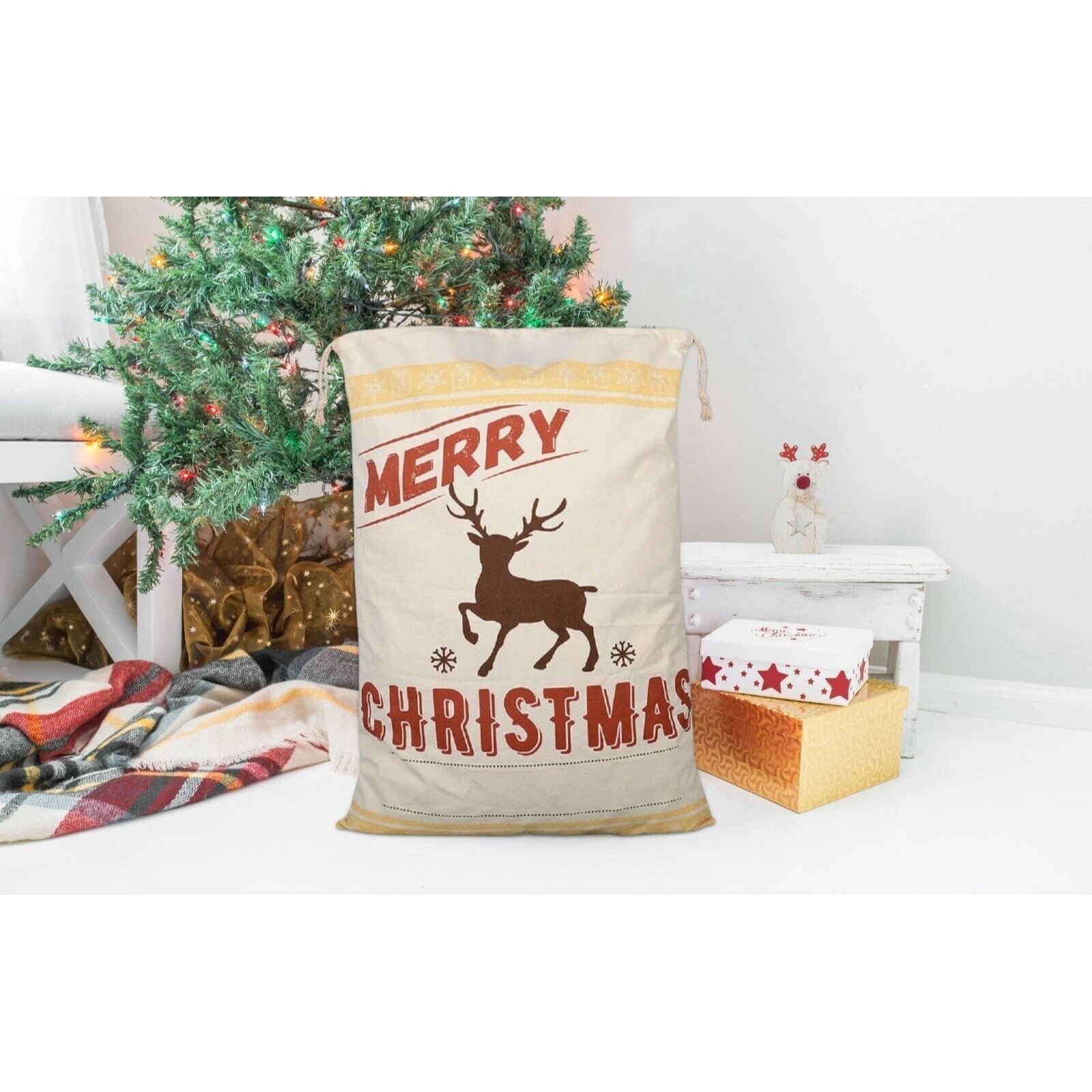 Reindeer Christmas Bag Santa Claus Sack Cotton XMAS Childrens Gift Bags