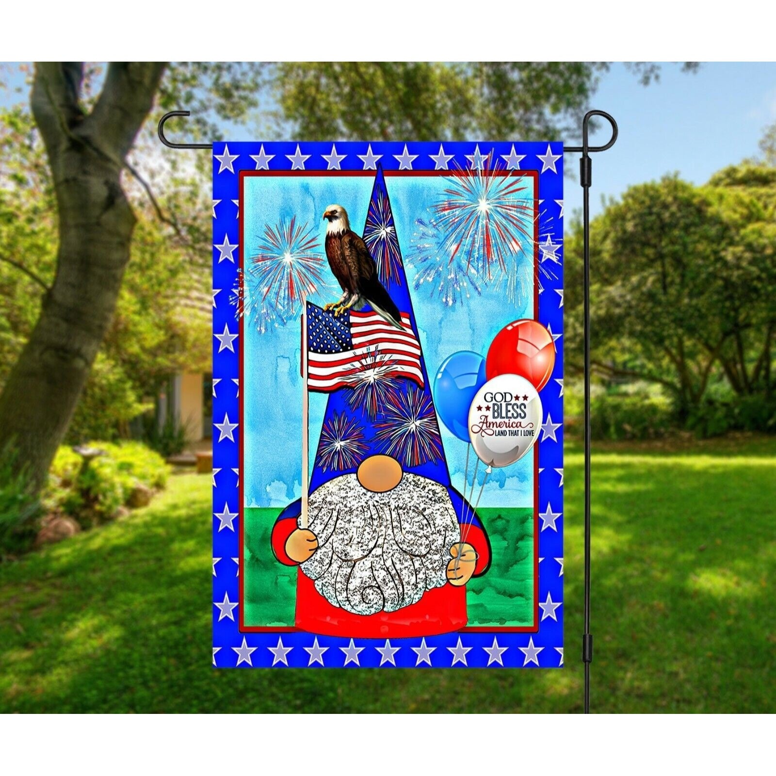 GOD BLESS AMERICA Gnome Garden Flag Eagle Double Sided Patriotic 4th of July NEW