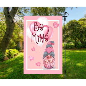 Pink Gnome Valentines Day Garden Flag Valentine's Day Heart Balloons BE MINE New