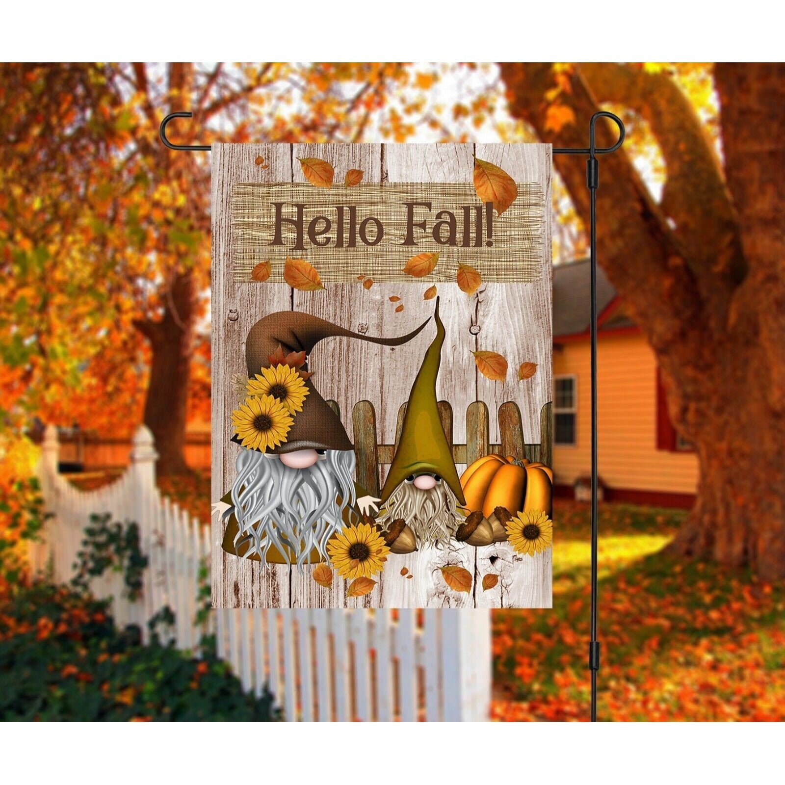 HELLO FALL Gnome Garden Flag Double Sided Fall Gnomes with Pumpkin Leaves NEW