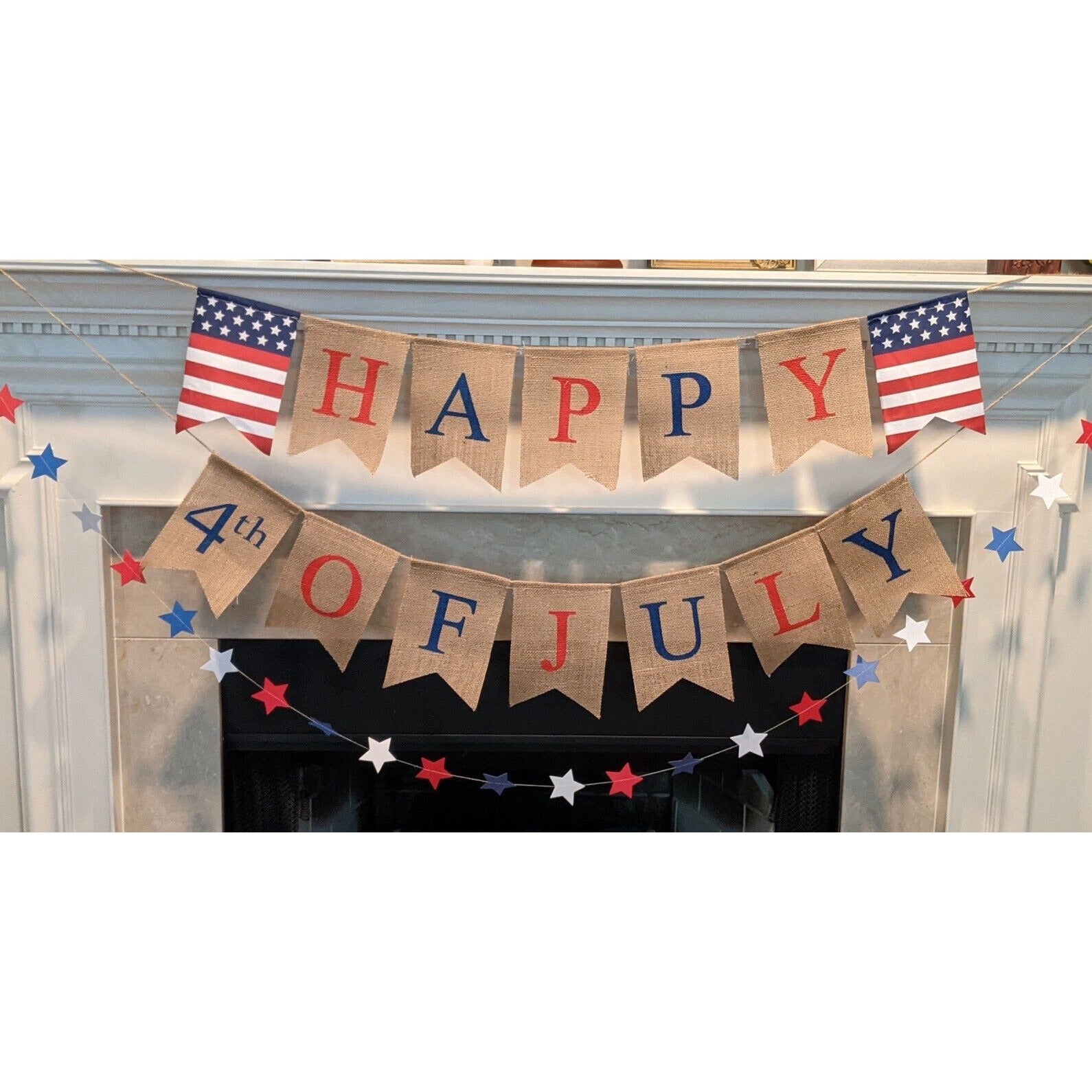 Patriotic Burlap Bunting Banner Happy 4th of July Garland with Flag Pennants Independence Day Red White Blue Star Garland Ready to Hang