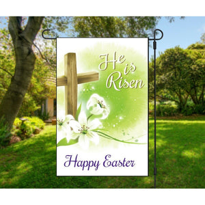 HE IS RISEN Happy Easter Garden Flag Religious Inspirational Cross Theme 12 x 18