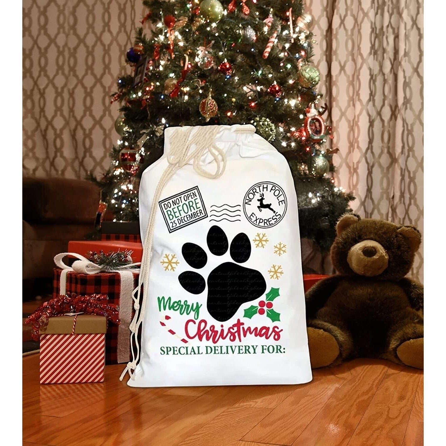 Pet Christmas Drawstring Bag Santa Sack - Reusable Gift Christmas Bag for Dogs