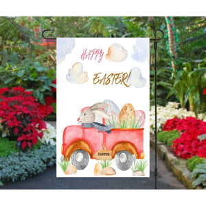 Happy Easter Garden Flag Double Sided Bunny Rabbit Delivering Eggs Truck 12 x 18