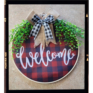 Welcome Sign for Front Door Hanger - Buffalo Plaid Wreath on Embroidery Hoop