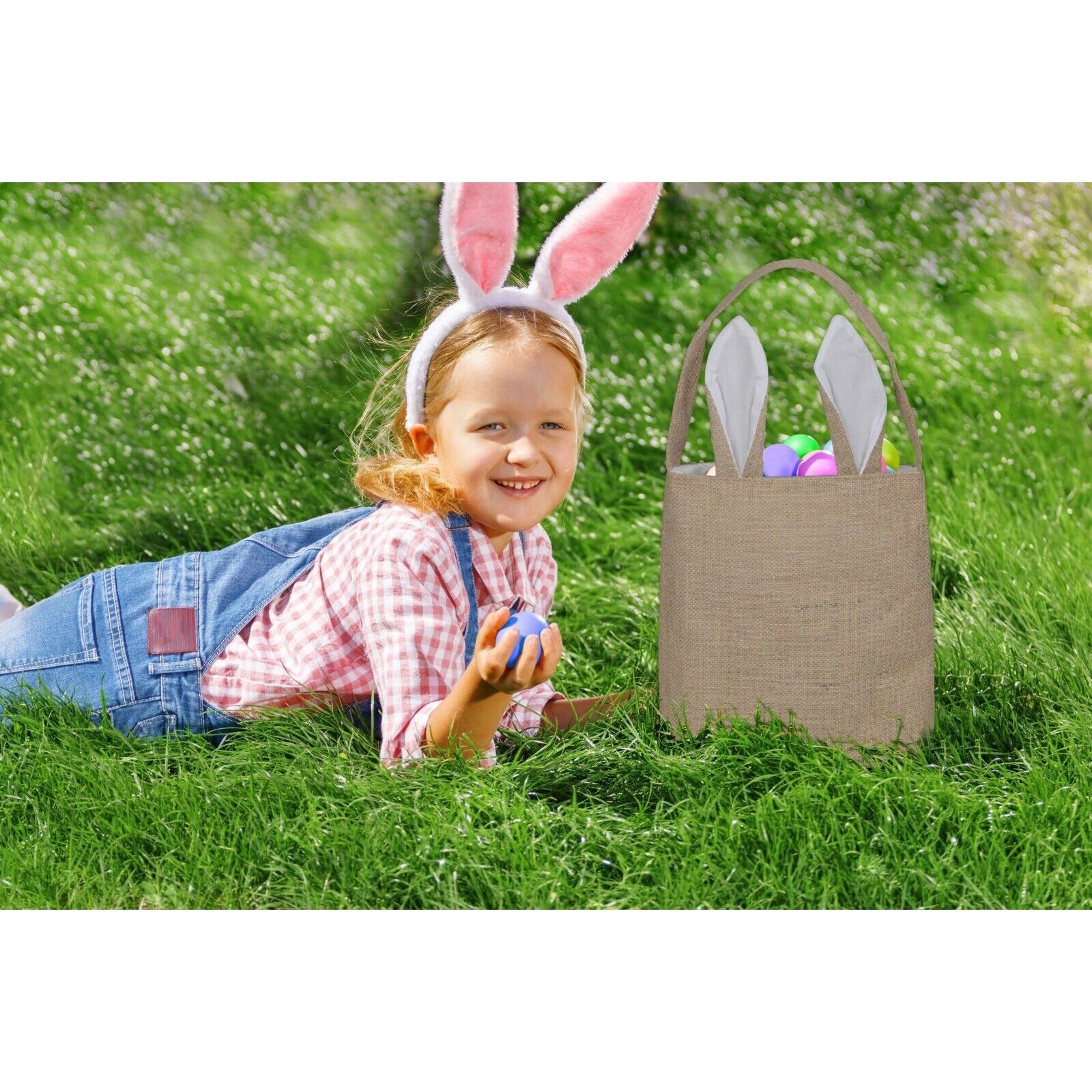 Easter Egg Hunt Basket Bag Bunny Rabbit White Ears Design Reusable Gift Bag NEW