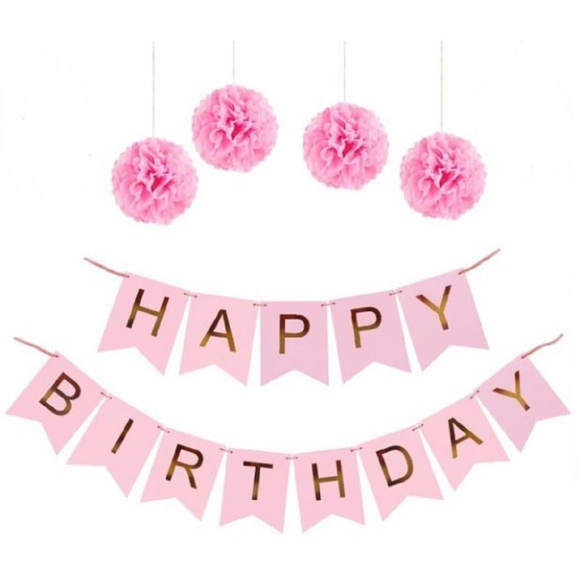 Pink Happy Birthday Banner - Pink with Gold Foil Lettering and Pom Poms