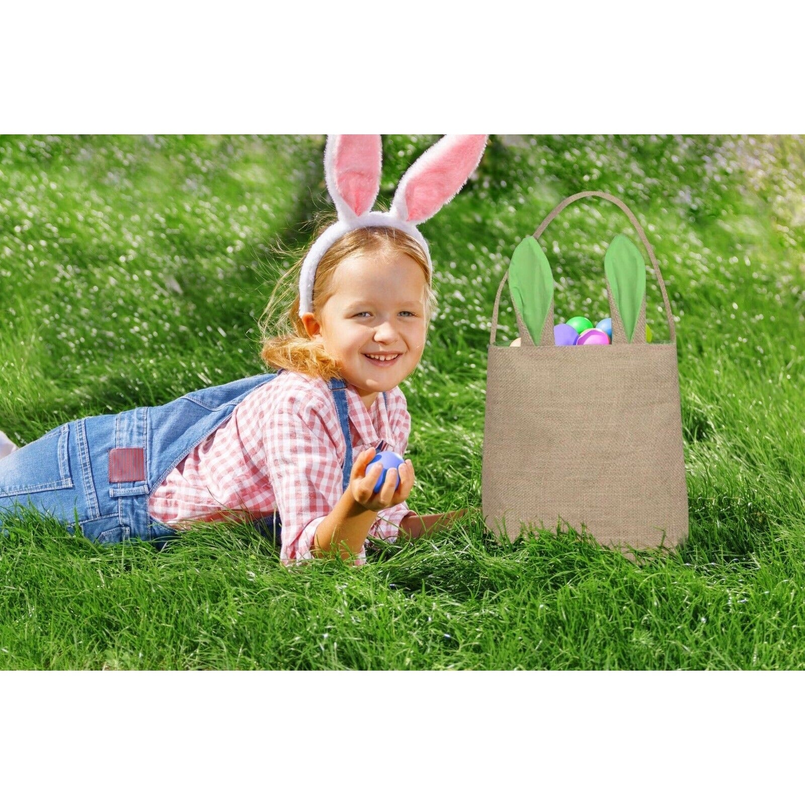 Easter Egg Hunt Basket Bag  Bunny Rabbit Lime Green Ear Design Reusable Book Bag