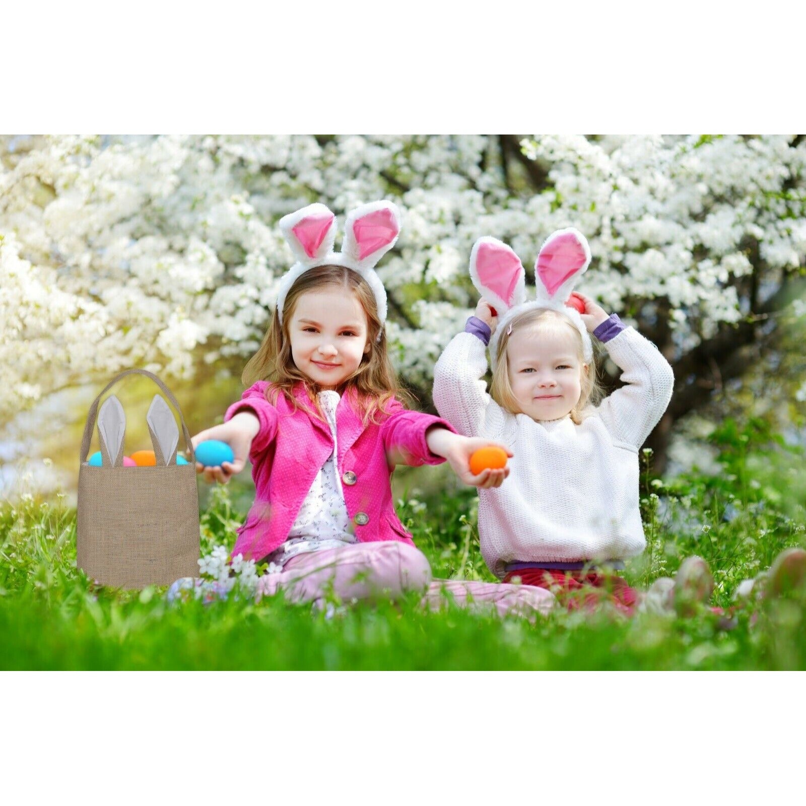 Easter Egg Hunt Basket Bag Bunny Rabbit White Ears Design Reusable Gift Bag NEW