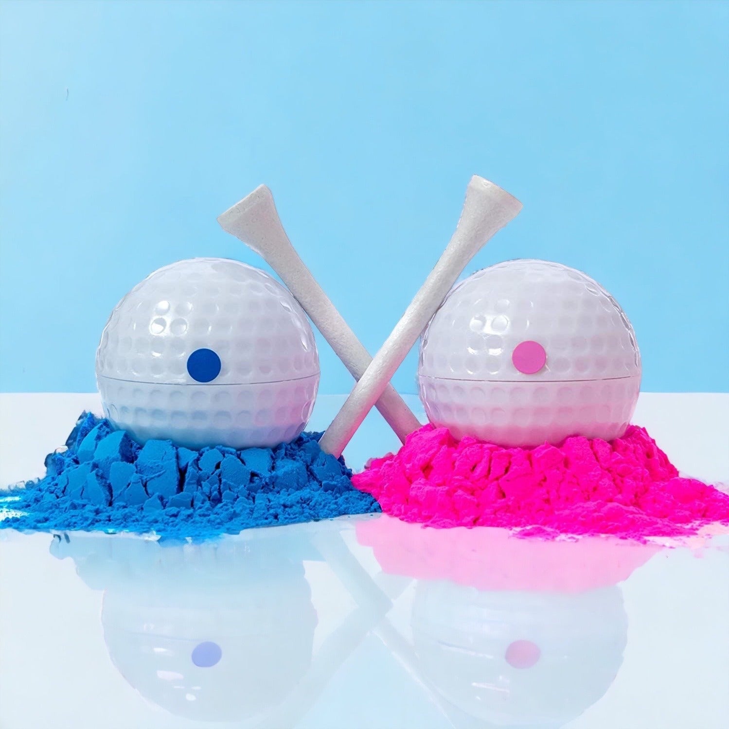 Gender Reveal Golf Ball Set One Pink & One Blue Filled Powder Balls Boy or Girl