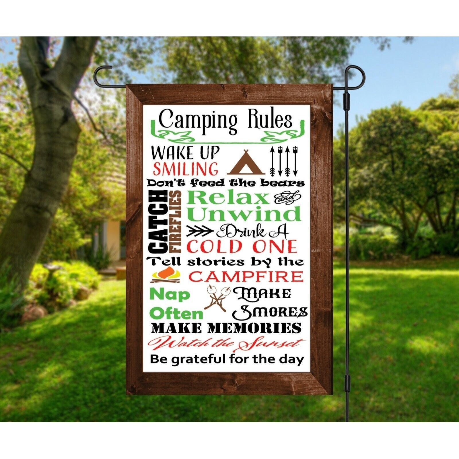 CAMPING RULES Theme Double Sided Garden Flag - Camper Subway Tile Word Art