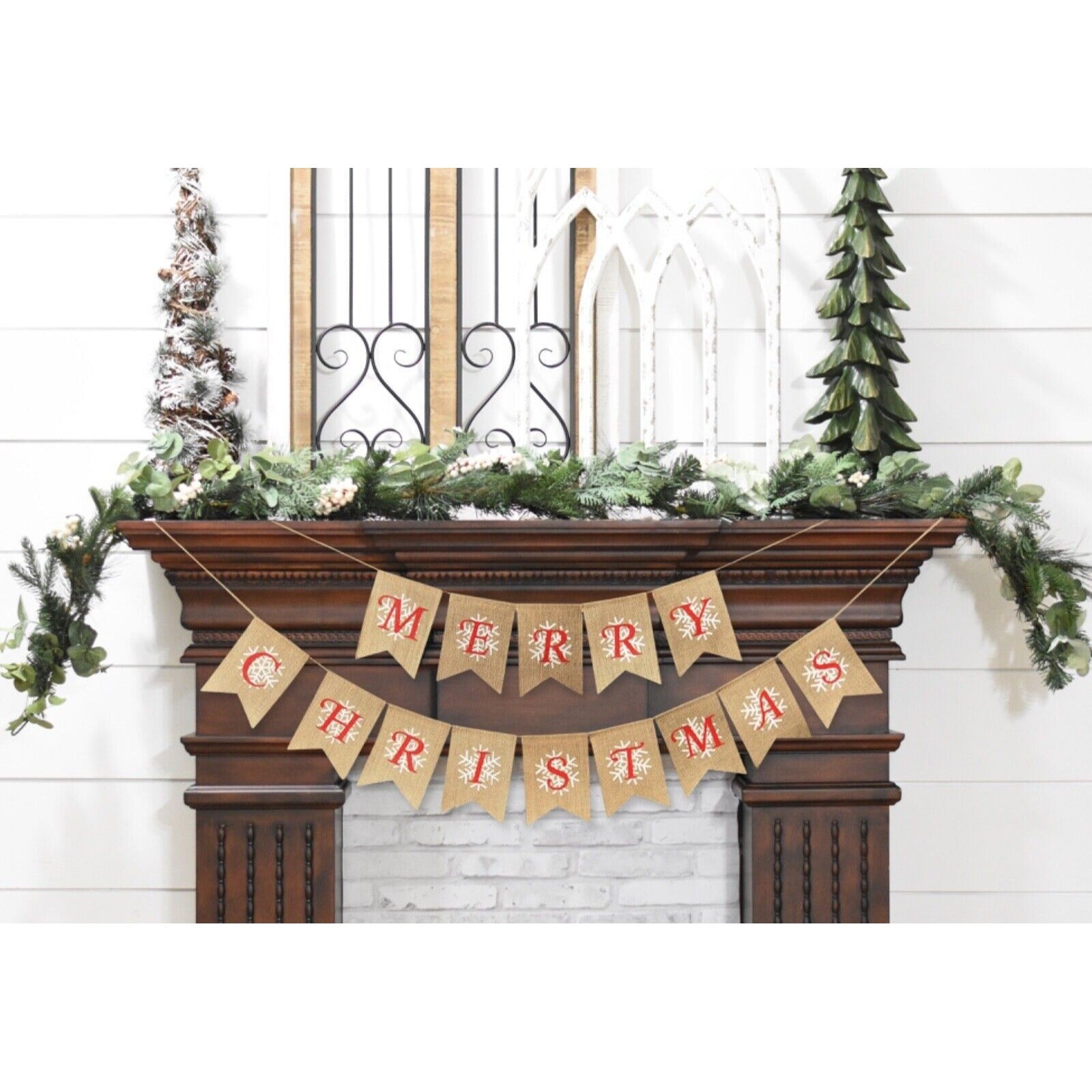 Merry Christmas Burlap Garland Banner - Christmas Party Winter Snowflake Sign