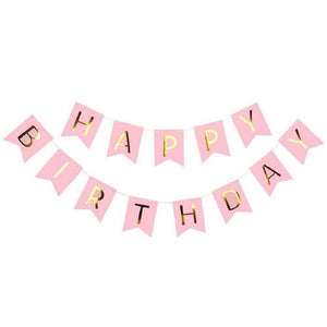 Pink Happy Birthday Banner - Pink with Gold Foil Lettering and Pom Poms