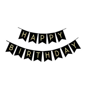 Black Happy Birthday Banner - Chic Garland - Black with Gold Foil Lettering w/ Ribbon