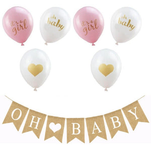 Oh Baby Burlap Banner Garland with 6 It's A Girl Pink Baby Shower Party Balloons