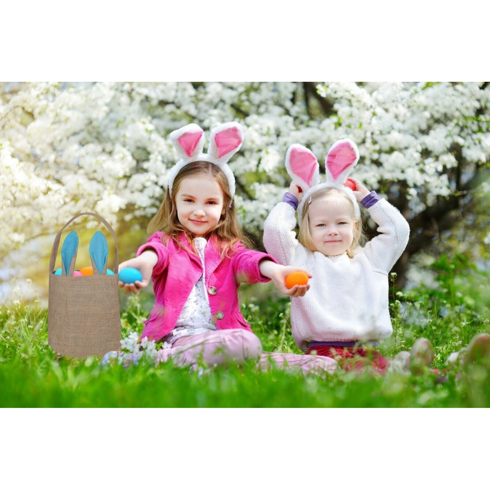 Easter Egg Hunt Basket Bag  Bunny Rabbit Light Blue Ear Design Reusable Book Bag