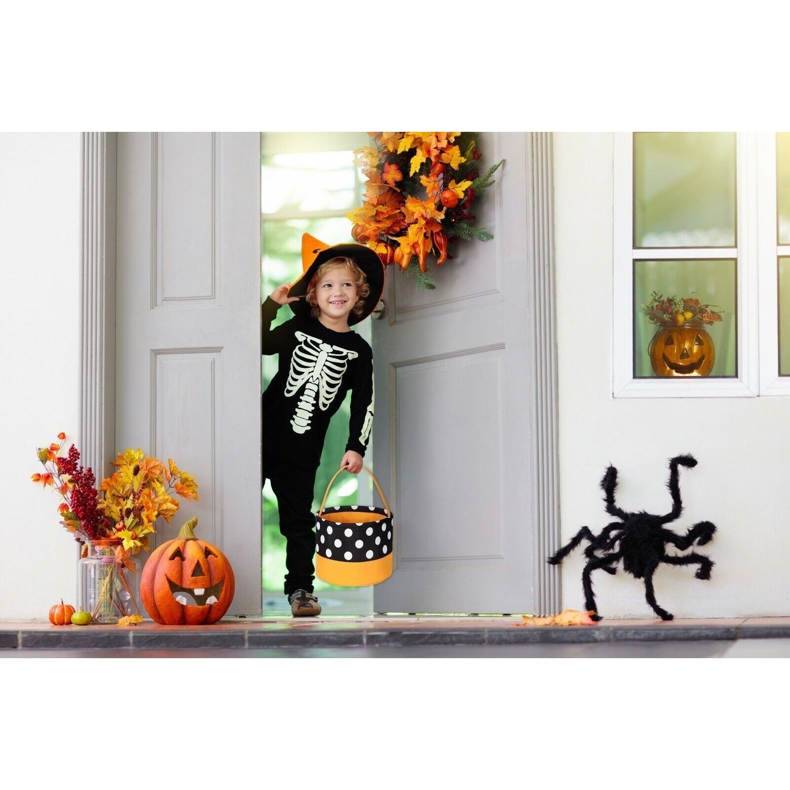 Halloween Bucket Bag Trick or Treat Reusable Candy Bag Black Orange with Dots Design