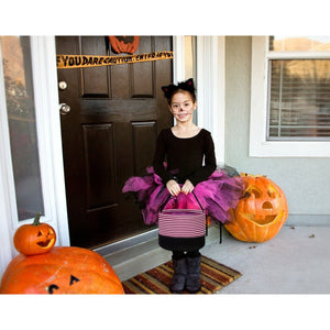 Purple Halloween Bucket Bag Trick or Treat Reusable Candy Bag Purple and White Striped