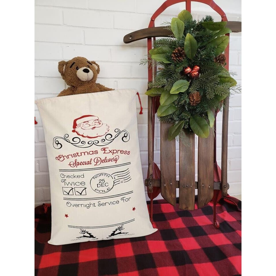 Ivory Christmas Bag Santa Claus Sack Reindeer Postal Cotton XMAS Childrens Gift