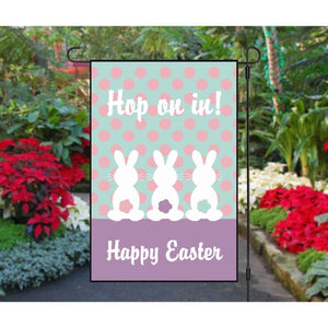 Happy Easter Garden Flag HOP ON IN Double Sided Bunny Rabbits Design 12 x 18 New