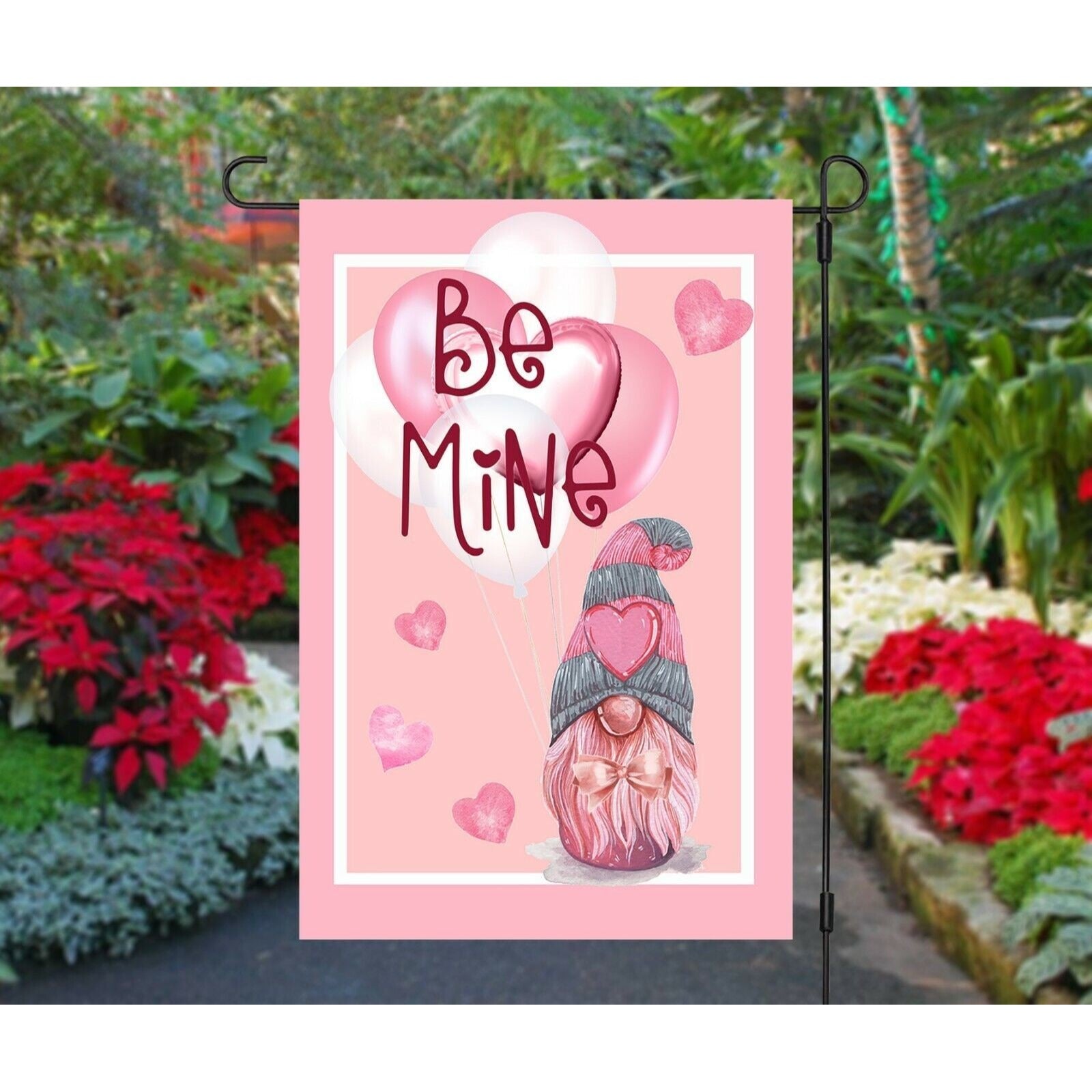 Pink Gnome Valentines Day Garden Flag Valentine's Day Heart Balloons BE MINE New