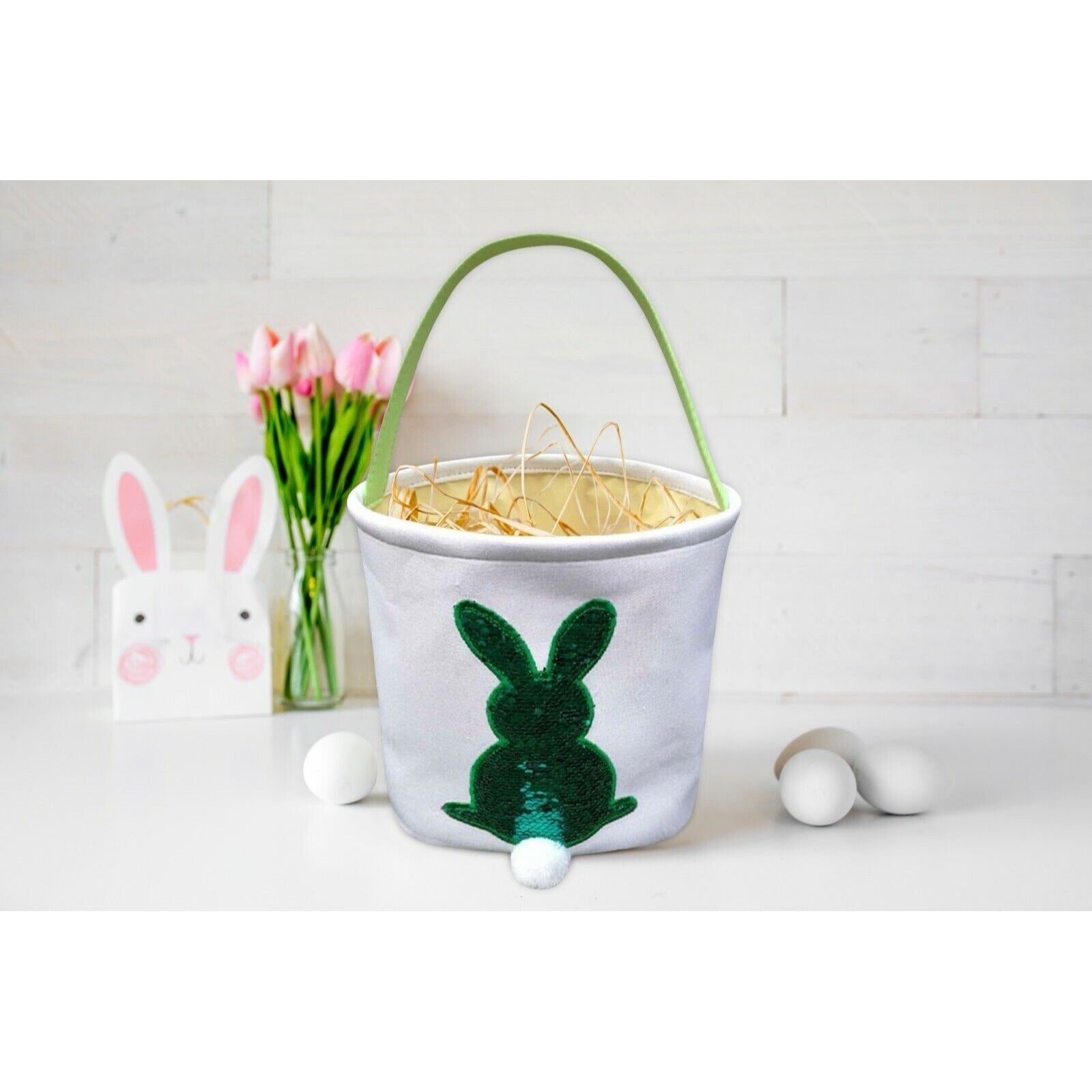 Easter Egg Hunt Basket Bag Bunny Rabbit GREEN to SILVER Sequin Sequins Reusable