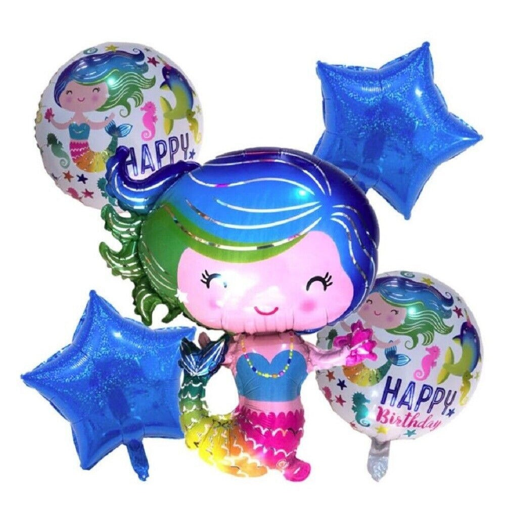 Mermaid Balloon Set Happy Birthday Party Decoration 5 Balloons & Ribbon Blue