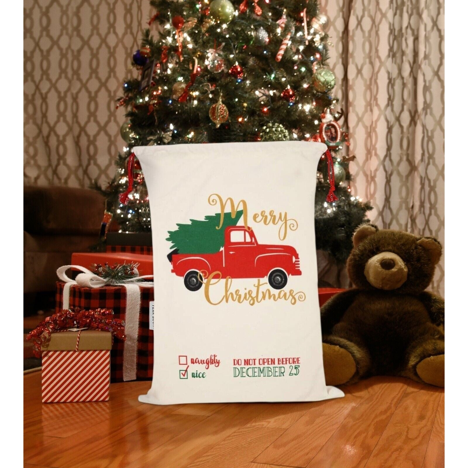 Red Truck and Tree Christmas Bag Santa Claus Sack Cotton XMAS Gift Bags NEW