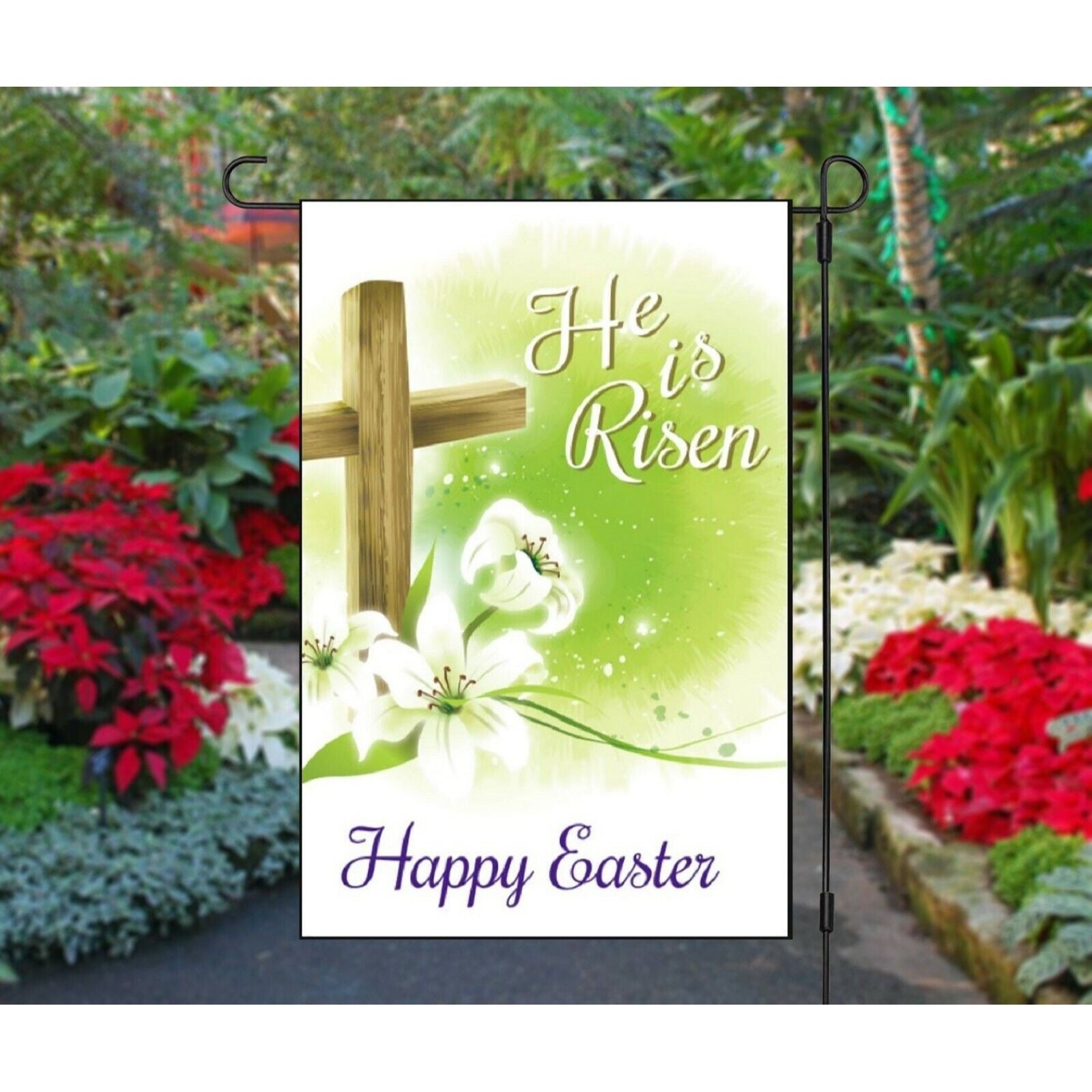 HE IS RISEN Happy Easter Garden Flag Religious Inspirational Cross Theme 12 x 18