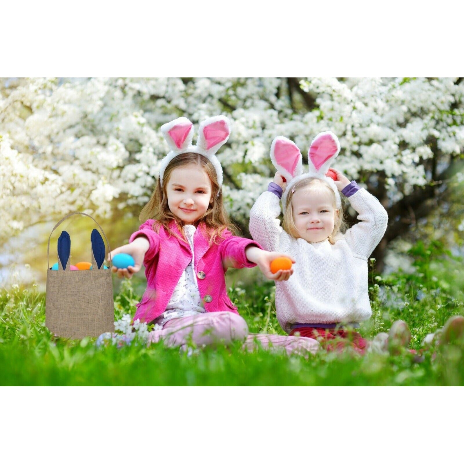 Easter Egg Hunt Basket Bag - Bunny Rabbit Navy Blue Ear Design Reusable Book Bag