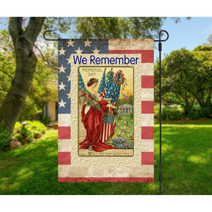 WE REMEMBER Vintage Memorial Day Postcard Double Sided Patriotic Garden Flag NEW