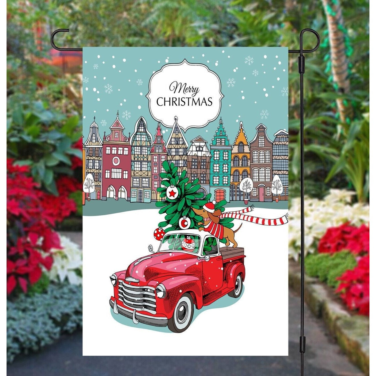 Merry Christmas Garden Flag with Dachshund Dog in Red Truck Double 2 Sided NEW