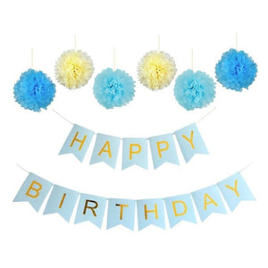 Blue Happy Birthday Banner - Chic Garland - Blue with Gold Foil Lettering & Pom Poms