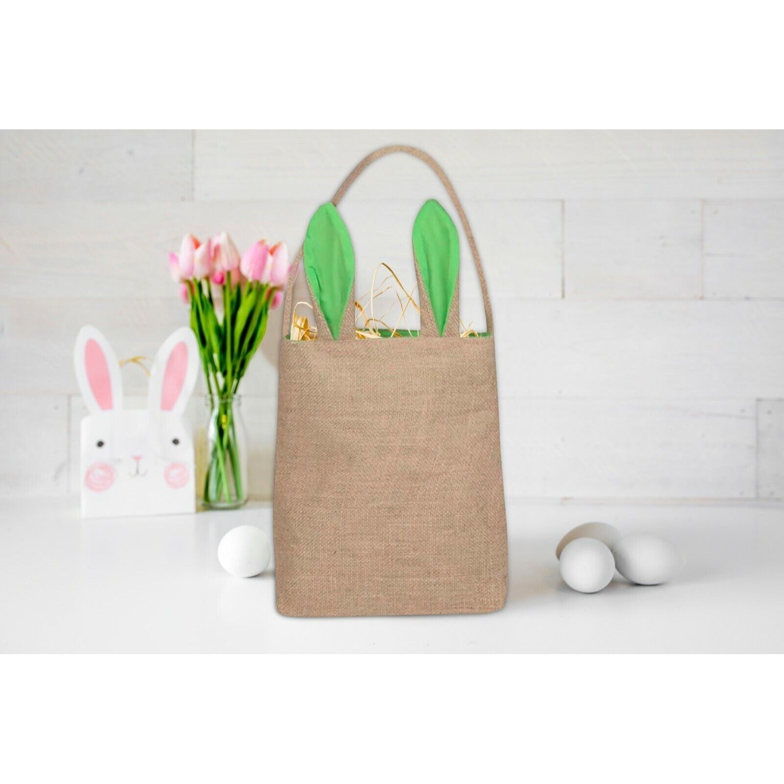 Easter Egg Hunt Basket Bag  Bunny Rabbit Lime Green Ear Design Reusable Book Bag