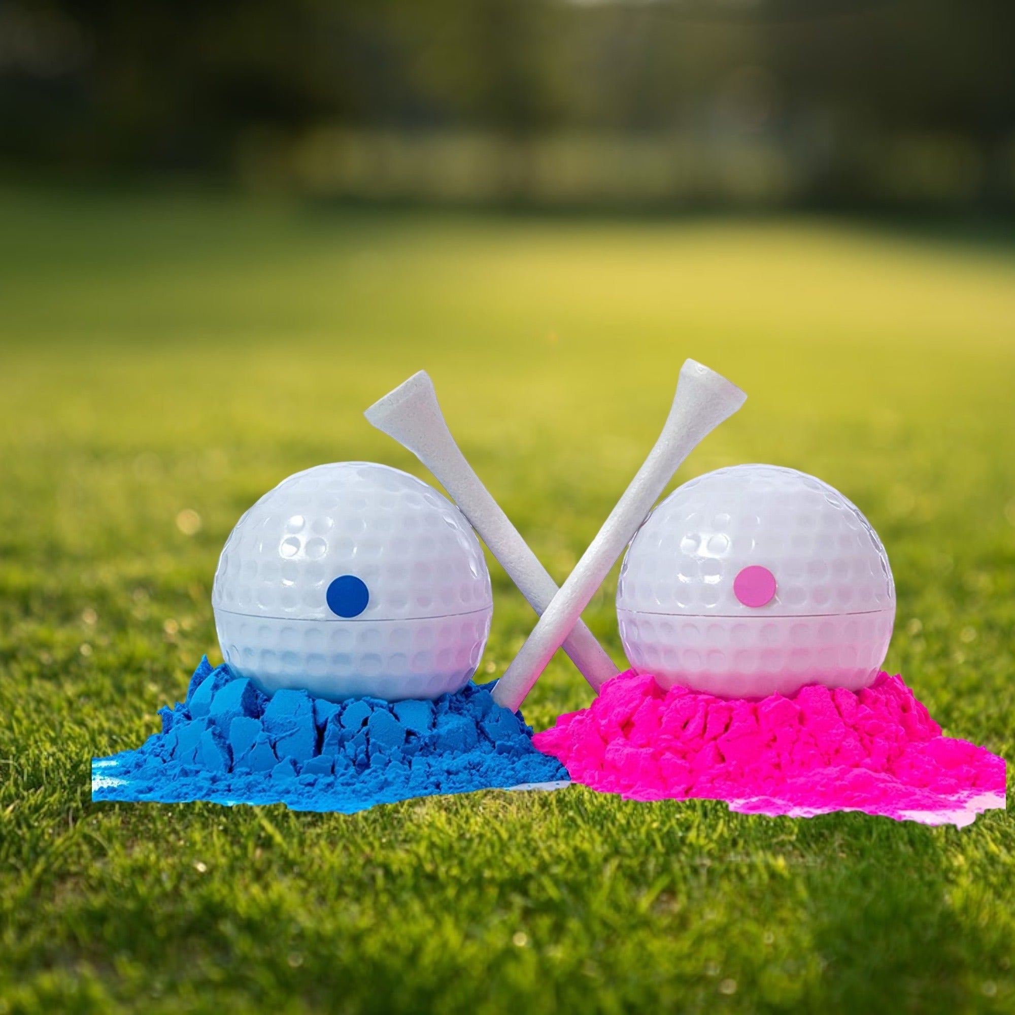 Gender Reveal Golf Ball Set One Pink & One Blue Filled Powder Balls Boy or Girl