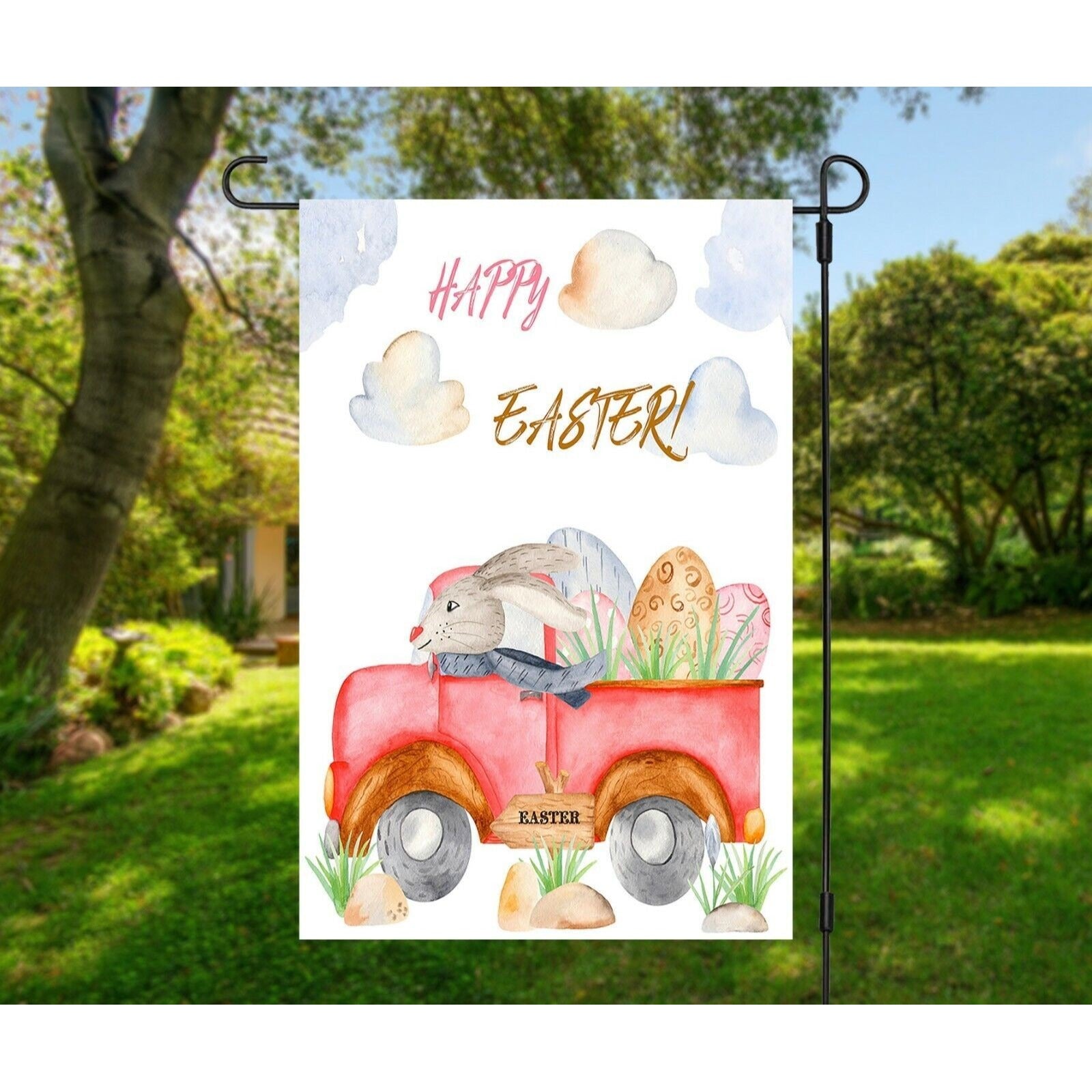 Happy Easter Garden Flag Double Sided Bunny Rabbit Delivering Eggs Truck 12 x 18